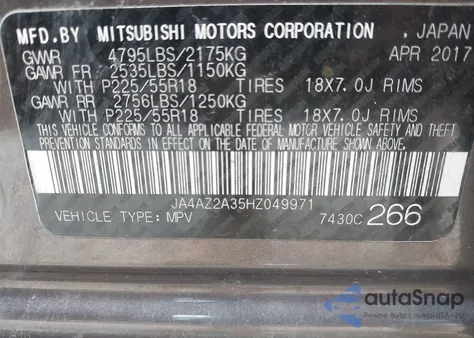 2017 Mitsubishi Outlander Es из США, поврежденный, VIN JA4AZ2A35HZ049971